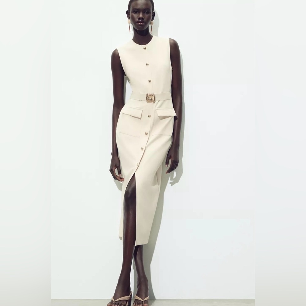 Zara NWT Elegant Cream Sleeveless Belted Midi Dress with Gold Details (Medium) - Picture 10 of 16